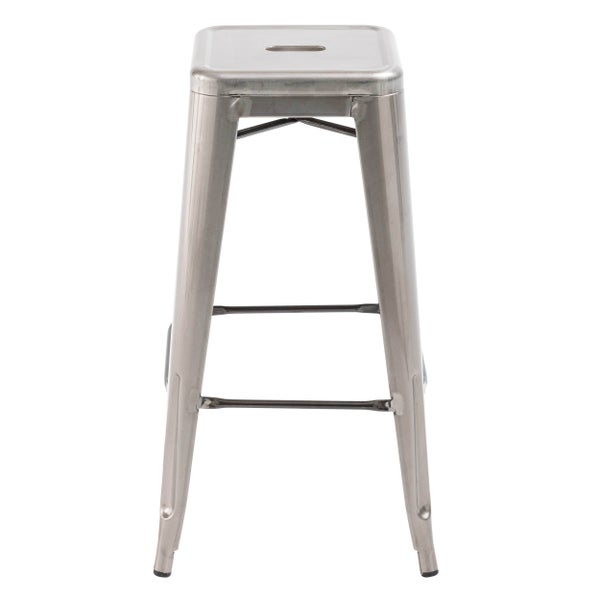 Metallhocker im Industriedesign in Silber mit quadratischer Sitzfläche und Fußstützen.