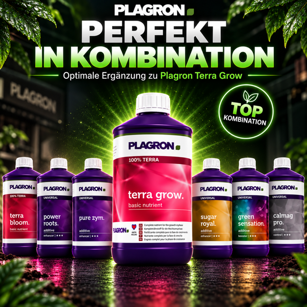 Plagron Pflanzendünger Sortiment mit Terra Grow in der Mitte und verschiedenen Additiven zur optimalen Nährstoffversorgung der Pflanzen.