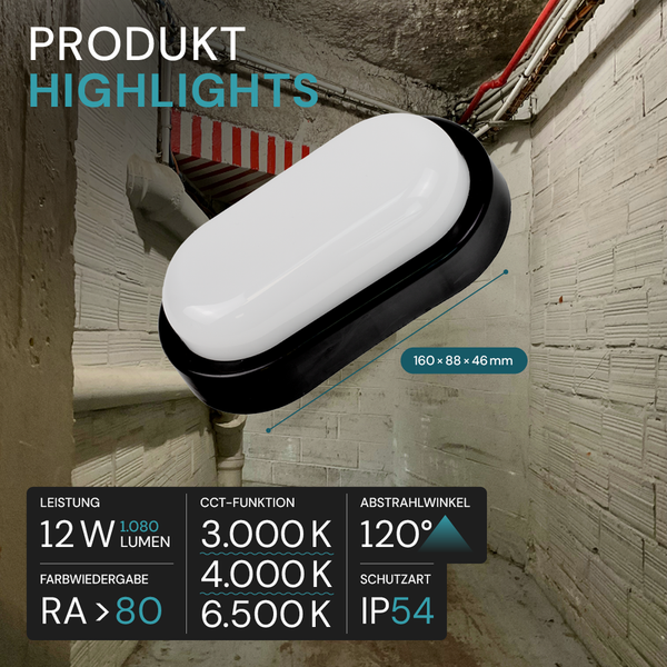 Ovale Deckenleuchte mit 12 Watt Leistung und den Maßen 160 x 88 x 46 Millimeter