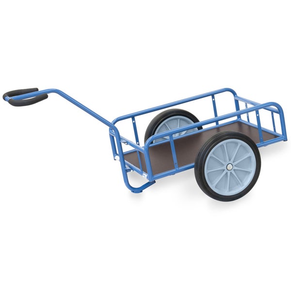 Blauer Handwagen mit zwei großen Rädern, einem Stahlrohrrahmen und einer dunklen Holzladefläche.