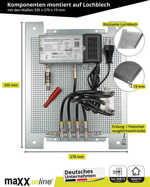 4 Teilnehmer Set mit Antennenverstärker für Kabelfernsehen 33 dB Verstärkung & Rückkanal, Kabel Verteiler, Überspannungsschutz, F-Verbindungskabel vormontiert auf Lochblech Montageplatte