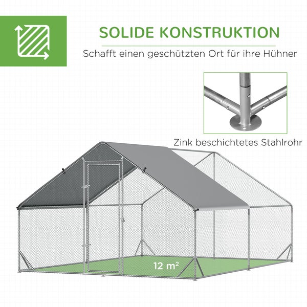PawHut Hühnerstall, Freilaufgehege, 3 x 4 x 2 m, Stahl, Silber+Grau