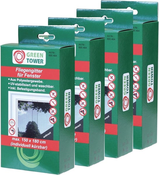 Green Tower Fliegengitter für Fenster, anthrazit, Polyester, waschbar, ultraviolettstabilisiert, mit Befestigungsband, maximal 150 mal 180 Zentimeter.