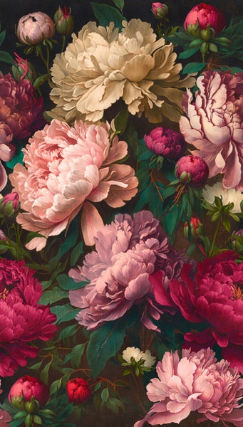 Vliestapete mit Pfingstrosen-Muster in Rosa, Creme und Dunkelrot im klassischen Malstil mit Knospen und Blättern.