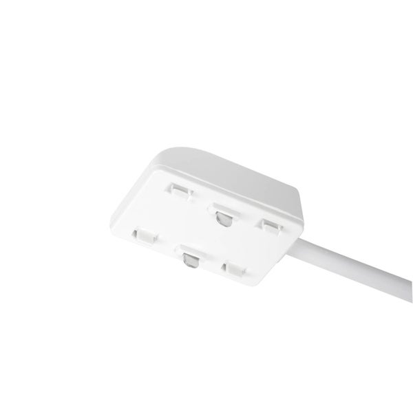 Weißer Adapter für ein Schienensystem aus Kunststoff mit Kabelanschluss.