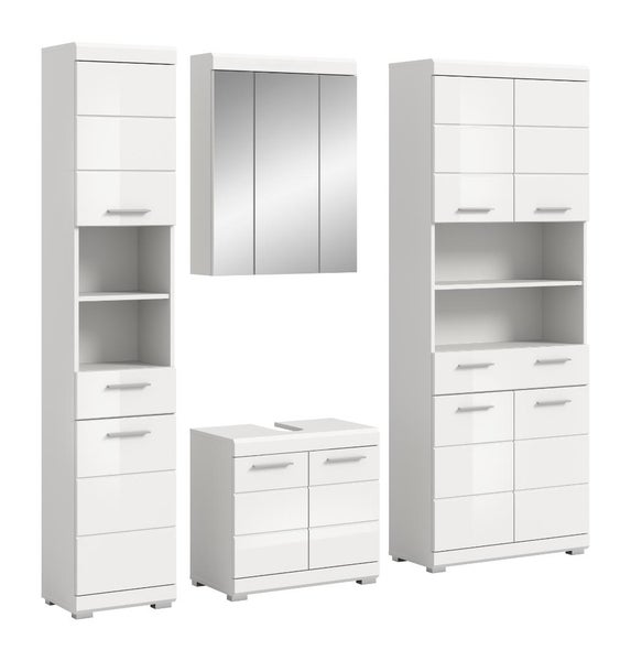 Vierteiliges Badezimmermöbel-Set in Weiß Hochglanz bestehend aus Hochschrank, Spiegelschrank, Waschtischunterschrank und hohem Beistellschrank.
