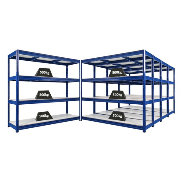 Zwei blaue Schwerlastregale mit je drei Böden, belastbar bis 500 Kilogramm
