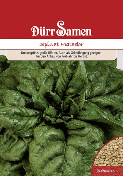 Samentüte Spinat Matador mit Dürr Samen Logo, Nahaufnahme von Spinatblättern und Saatgutansicht.