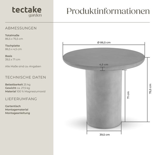 Runder Gartentisch tectake Talmi inkl. Bodenschoner, 86,5 x 75,5 cm minimalistisches Design betongrau