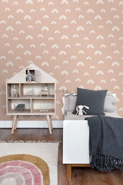 Kinderzimmer mit Regenbogen Tapete, Spielhaus und Bett