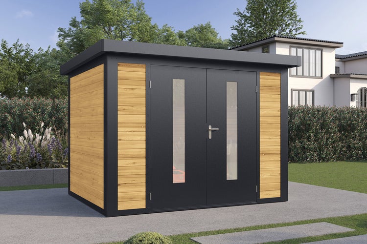 Modernes Gartenhaus mit Flachdach und Doppeltür mit Glaseinsätzen, kombiniert aus Holz und Metall in einem Garten.