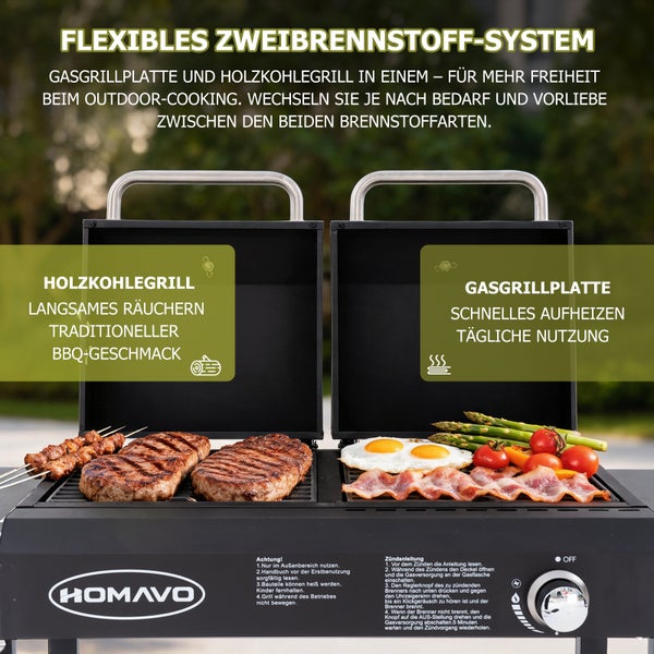 HOMAVO Kombigrill mit Holzkohlegrill und Gasgrillplatte. Flexibles Zweibrennstoff-System zum Räuchern oder schnellen Garen. HOMAVO Logo.