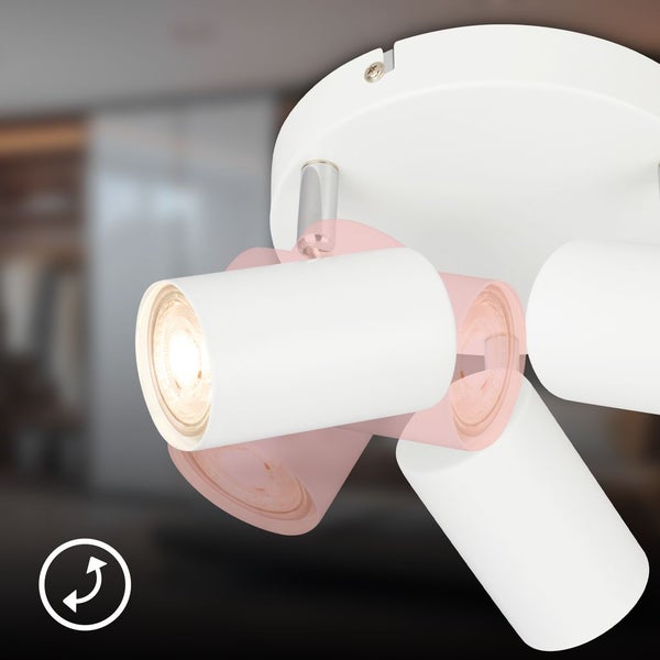 Dreiflammiger Deckenstrahler mit dreh- und schwenkbaren Spotköpfen für eine flexible Lichtausrichtung.