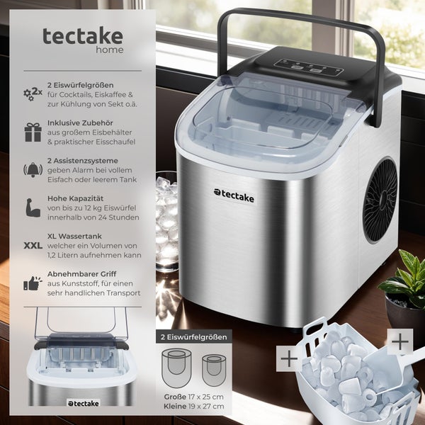 Eiswürfelmaschine tectake Arctic inklusive Eiskorb und Eisschaufel 1,2 l Wassertank, 2 Eiswürfelgrößen silber