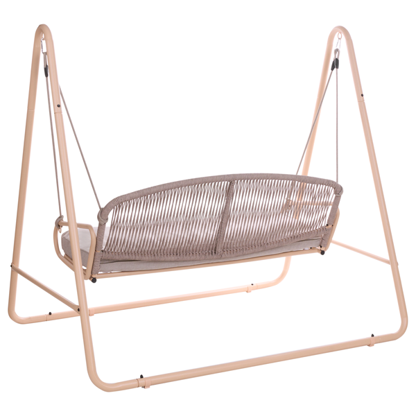 Beige freistehende Gartenschaukel mit Metallgestell, braunem Seilgeflecht und Polsterauflage.