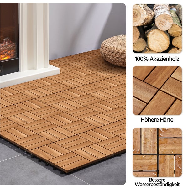 Verlegung von Klickfliesen aus Akazienholz im Innenbereich vor einem Kamin