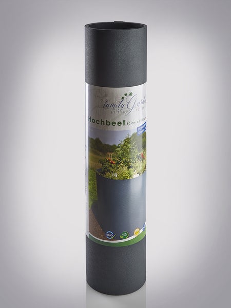 Anthrazitfarbenes, gerolltes Hochbeet von Family Garden, 80 Zentimeter hoch, 100 Zentimeter Durchmesser.