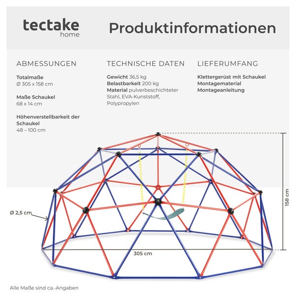 tectake Logo. Infografik zu einem Klettergerüst mit Schaukel aus pulverbeschichtetem Stahl mit Maßen von circa 305 mal 158 Zentimeter.