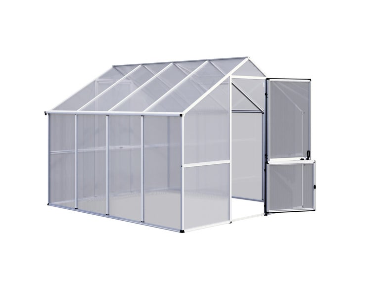 Gewächshaus aus Aluminium mit Hohlkammerplatten und einer geöffneten geteilten Tür.