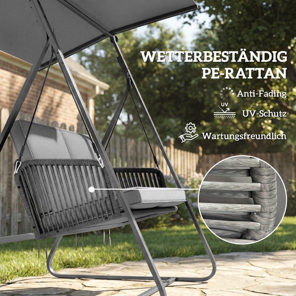 Wetterbeständige Hollywoodschaukel mit Sonnendach aus grauem PE-Rattan, UV-Schutz und pflegeleichtes Material.