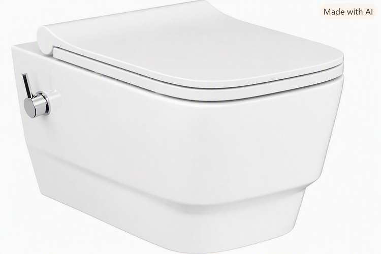 Wand-WC mit Bidetfunktion und verchromtem Hebel inklusive WC-Sitz mit Deckel.