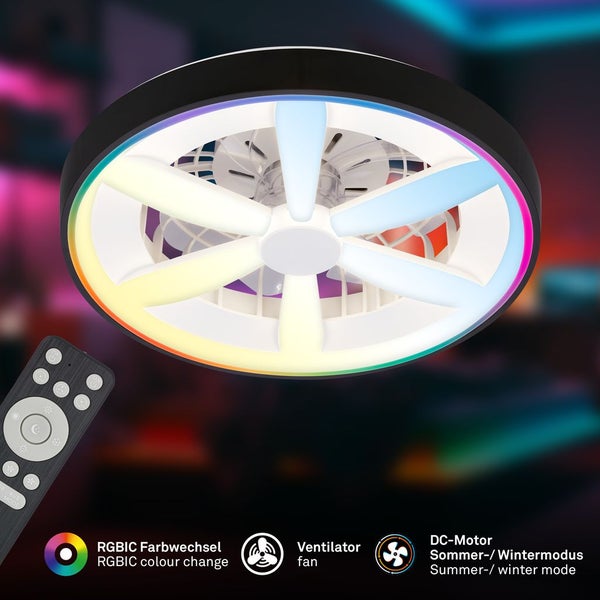 Moderner runder Deckenventilator mit integrierter RGBIC LED-Beleuchtung und Fernbedienung. Inklusive Gleichstrom-Motor sowie Sommer- und Wintermodus.