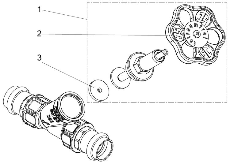 Technische Zeichnung eines totraumfreien Freistromventils mit Explosionsdarstellung von Handrad, Ventiloberteil und Dichtungsscheibe.