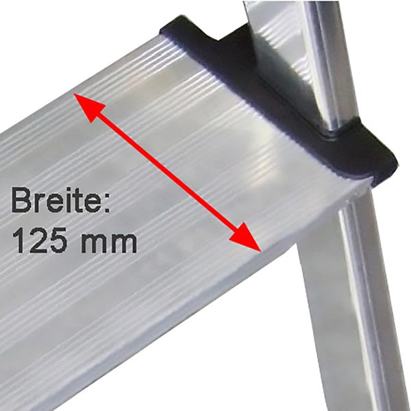 Detailaufnahme einer Aluminiumleiter mit Breitenangabe 125 mm.