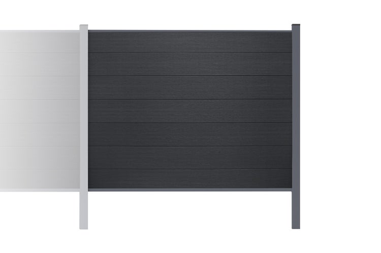 Sichtschutzelement mit horizontalen Lamellen und Holzstruktur in Anthrazit inklusive Pfosten.
