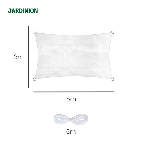 JARDINION Logo. Rechteckiges Sonnensegel mit den Maßen 3 Meter mal 5 Meter inklusive 6 Meter Befestigungsseil.