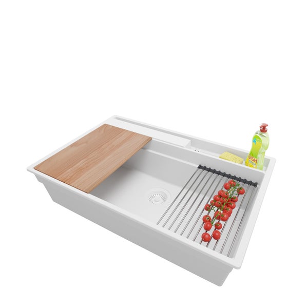 PRIMAGRAN Spülbecken Alles Weiß 78x53cm, Granitspüle 1 Becken + Ablauf-Set + Küchenzubehörset, Küchenspüle ab 80er Unterschrank - Oslo Pocket