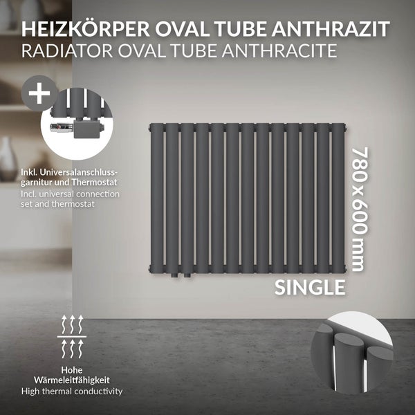 ML-Design Paneelheizkörper 600x780 mm Anthrazit Einlagig, Badheizkörper Oval Horizontal Designheizkörper Seitenanschluss, mit Anschlussarmatur Universal Eck- und Durchgangsform Multiblock Thermostat