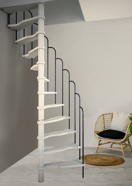 HandyStairs platzsparende Wendeltreppe „Alpha“ – 299 cm hoch – Treppenhaus 145 x 75 cm – 12 Stufen aus Kiefernholz