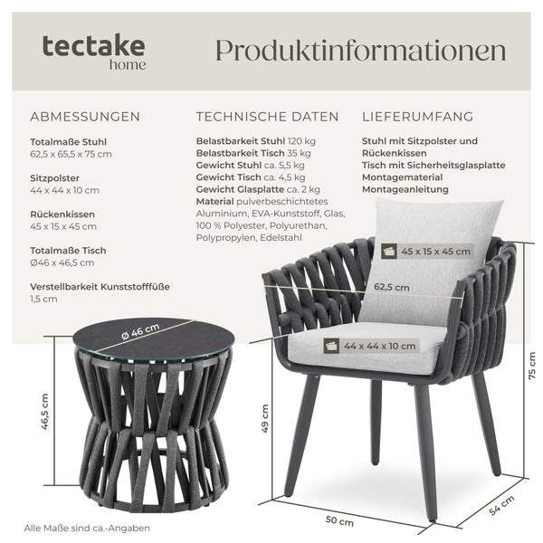Produktinformationen zu Stuhl mit Kissen und Tisch von tectake home mit Maßangaben