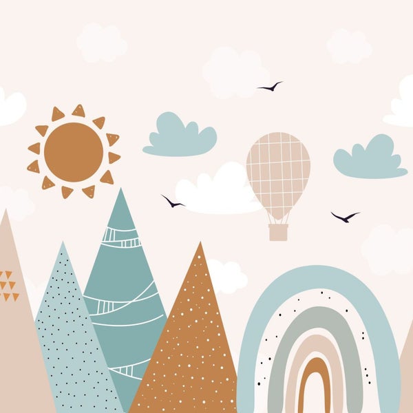 Grafik mit Bergen, Sonne, Heißluftballon, Regenbogen und Wolken