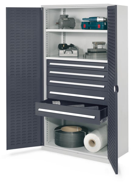 Werkstattschrank mit Regalböden und Schubladen zur Aufbewahrung von Werkzeugen und Materialien.