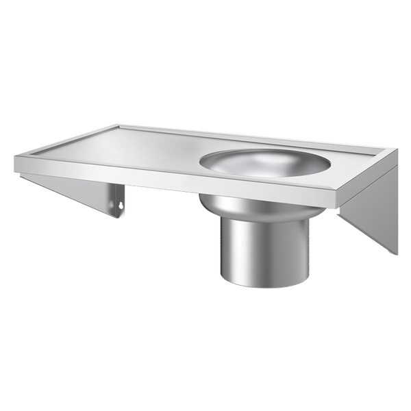 Wandhängendes Regal aus Edelstahl mit integriertem runden Waschbecken und Ablagefläche.