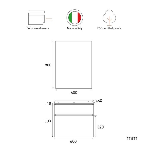 Technische Zeichnung eines Badezimmermöbel Sets mit Soft-Close-Auszügen, Hergestellt in Italien und FSC-zertifizierten Holzplatten.