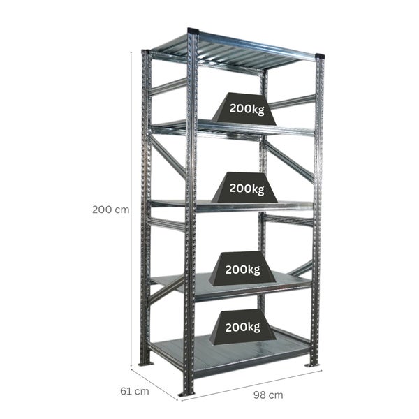 Metallregal mit vier Regalböden und Belastungsgewichten von 200 Kilogramm