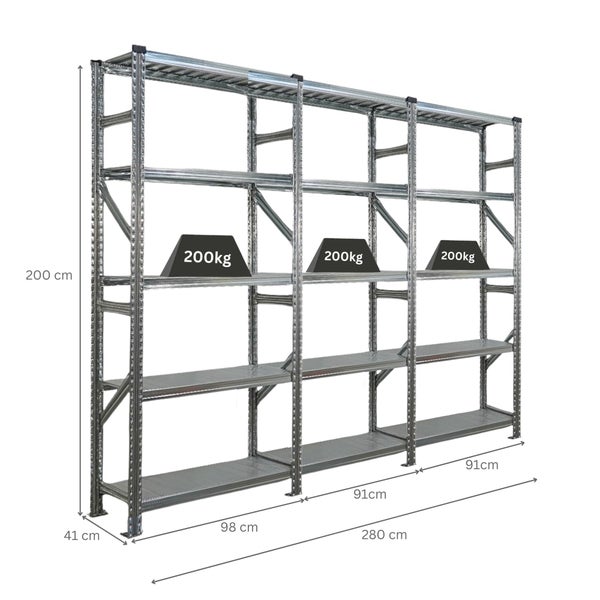 Metall Schwerlastregal mit den Maßen 200 x 280 x 41 cm und einer maximalen Belastbarkeit von 200 kg pro Regalboden.
