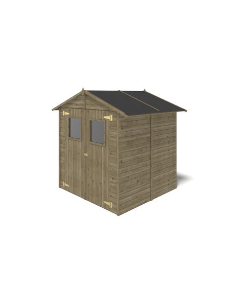 Gartenhaus aus Holz mit Doppeltür, zwei Fenstern und dunklem Satteldach.