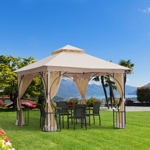 Outsunny Pavillon, Gartenpavillon, 3x3m, Metall, Polyester, Moskitonetz, Beige+Schwarz