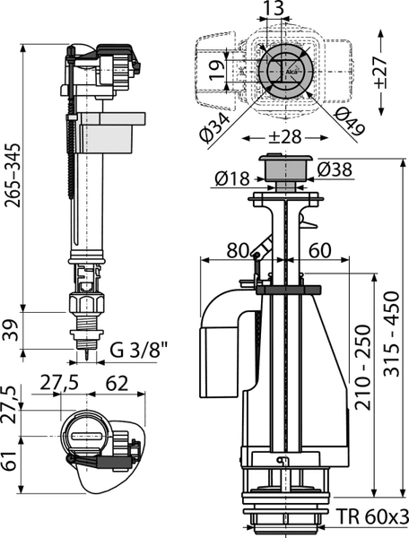 Technische Zeichnung für ein Toiletten-Füllventil und Ablaufventil mit detaillierten Maßangaben in Millimeter.