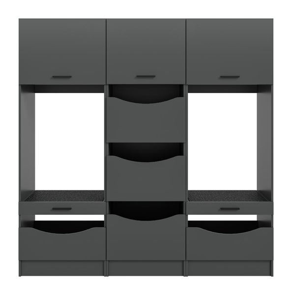 Dreiteiliges Waschmaschinenschrank-System in Anthrazit mit Oberschränken, zwei Gerätenischen und verschiedenen Auszügen.