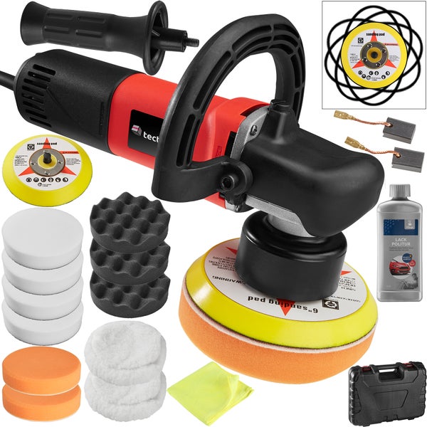 16-teiliges Exzenter Poliermaschinen-Set tectake  inklusive Lackpolitur, 1 Mikrofasertuch, 2 Ersatzkohlen und Transportkoffer 710 W schwarz/rot