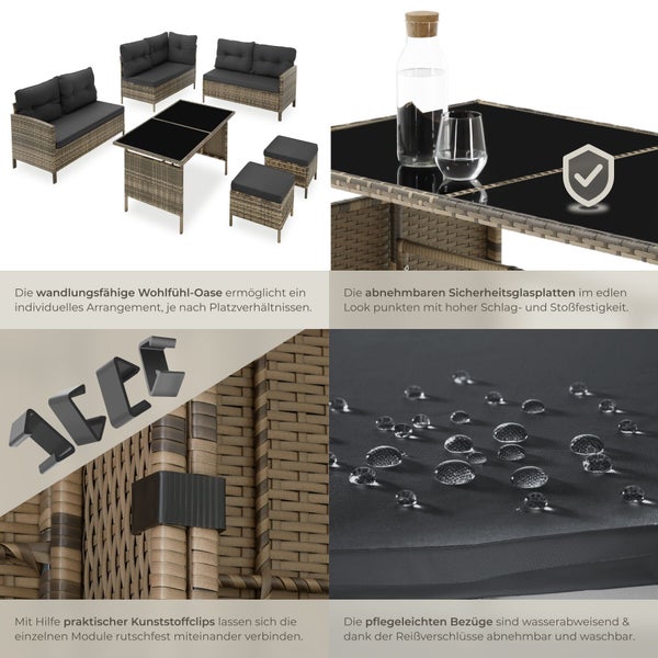 Collage eines Garten-Lounge-Sets aus Polyrattan mit Sicherheitsglas, Verbindungsklammern und wasserabweisenden Polstern.