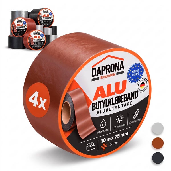 Daprona Aluminium Butylklebeband in Braun, 10 Meter mal 75 Millimeter, 4 Rollen Set, wasserdicht, UV beständig und stark haftend