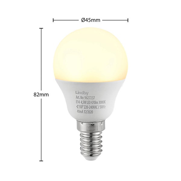 Lindby E14 LED-Leuchtmittel in Tropfenform mit einer Höhe von 82 Millimeter und einem Durchmesser von 45 Millimeter.