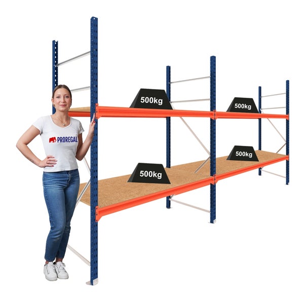 Schwerlastregal mit 3 Böden aus Spanplatten, Metallrahmen, Traglast 500 Kilogramm pro Boden, Hergestellt in der Europäischen Union.