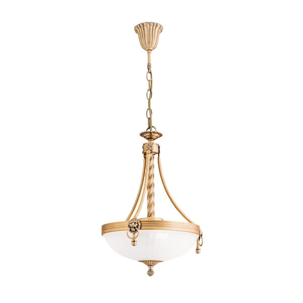 Klassische Pendelleuchte im Landhausstil mit Metallgestell und Glasschirm in Schalenform zur Deckenmontage